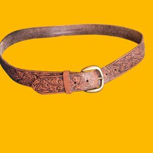 Vintage Large 38 40 Hippy Belt 1980's Western Tooled Leather Fatty Buckle